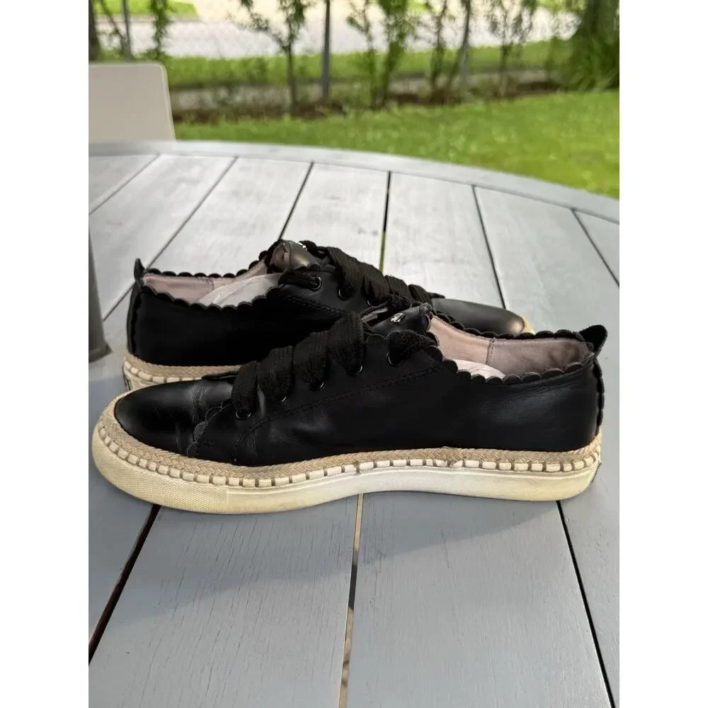Kate Spade Lena Black Leather Scalloped Espadrille Sneakers Women Size 8M